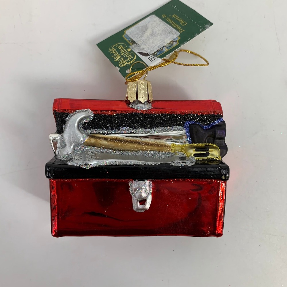 Old World Christmas Toolbox Glass Ornament Handyman Builder Tool Box Red‎